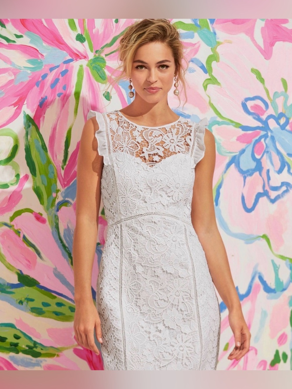 Lilly Pulitzer White Lace Ruffle-Sleeve “Maya” Midi Dress - Size 00